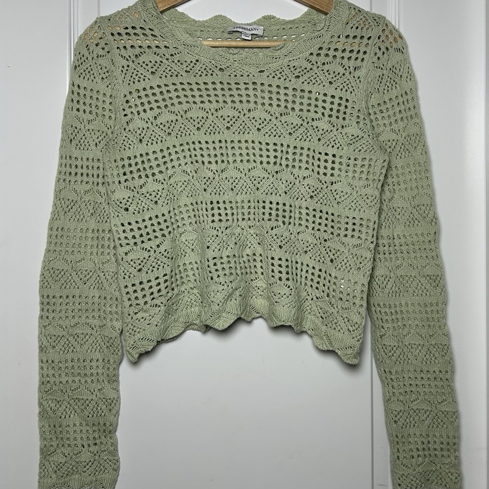 Freshman Cotton Blend Sage Green Crochet Knit Scalloped Trim Cropped Sweater